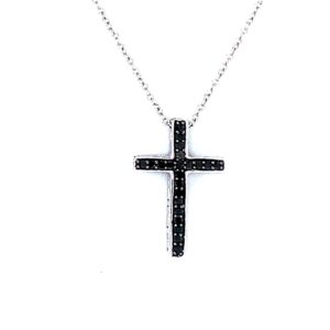 18ct white gold cross set with 0.08ct of round diamonds and black rhodium plated detail