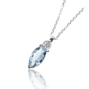 18ct white gold pendant set with one fantasy cut aquamarine and one round brilliant cut diamond
