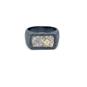 Oxidised silver, silver, 18ct yellow gold and diamond gents ring
