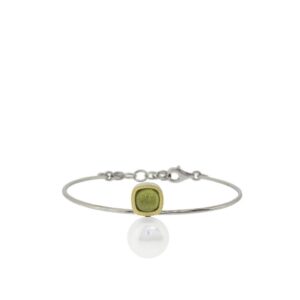 Rhodium plated silver, 18ct gold, cultured pearl and peridot bracelet