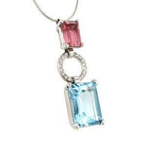 9ct white gold blue topaz, tourmaline and diamond pendant