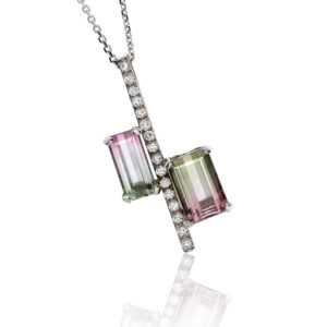 9ct white gold diamond and bi colour tourmaline pendant
